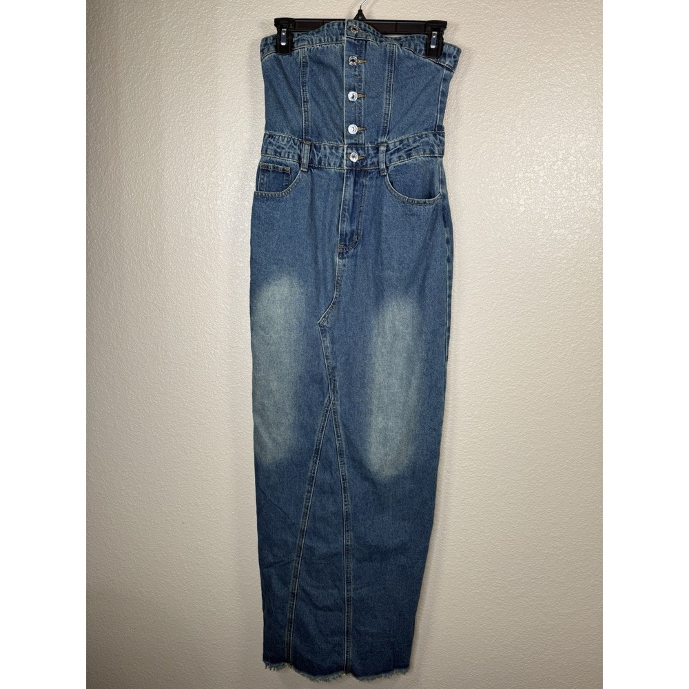 White Fox Womens Blue Denim Sz S Corset Bodice Button Up Strapless Y2K Fashion
